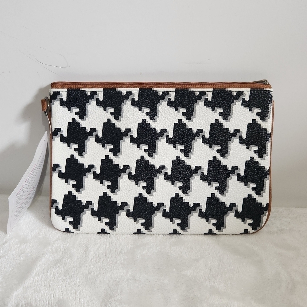 Thirty One Classic White Black Gray Houndstooth Pebble Pouch Bag Clutch NWT